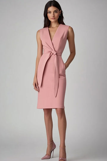 Pink Satin Bodycon V Neck Midi Work Dress